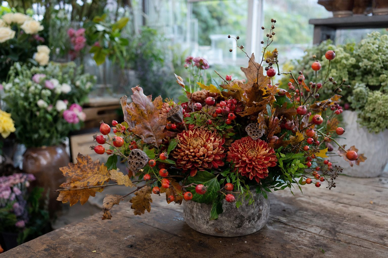 Autumn arrangement of berries, seed pods, oak branches and rust-colored blooms on a sunny shop counter