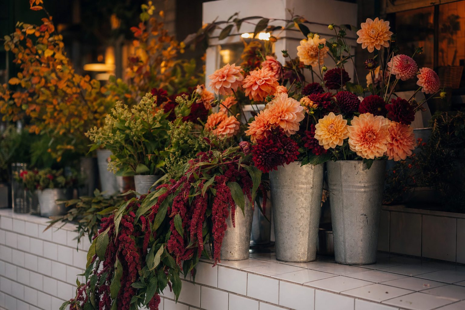 Buckets of peach, burgundy and copper dahlias on a sunlit flower shop counter in autumn